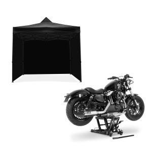 Set: Rennzelt mit 4 Seitenwänden 3x3m Tourtecs faltbar für die Rennstrecke schwarz + Motorrad Hebebühne ConStands Mid-lift L Motorradheber passend für Chopper / Custombike bis 680 kg in schwarz CB39721