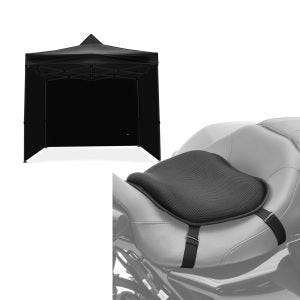 Set: Rennzelt mit 4 Seitenwänden 3x3m Tourtecs faltbar für die Rennstrecke schwarz + Motorrad Gel Sitzkissen Tourtecs L Komfortkissen universal in schwarz