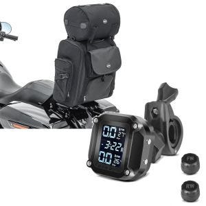 Set: Motorrad Sissybar Tasche Craftride SXL Hecktasche mit Gepäckrolle in schwarz + Reifendruckkontrollsystem RDKS mit Temperaturmesser Tourtecs Reifendruckprüfer digital