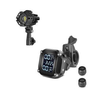 Set: Motorrad LED Zusatzscheinwerfer mit Sturzbügel Halter und Schutzgitter Lumitecs SX22 + Reifendruckkontrollsystem RDKS mit Temperaturmesser Tourtecs Reifendruckprüfer digital