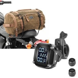 Set: Motorrad Hecktasche Vintage 25L Canvas Rucksack Gepäckrolle braun Craftride + Reifendruckkontrollsystem RDKS mit Temperaturmesser Tourtecs Reifendruckprüfer digital