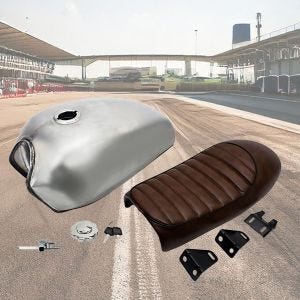 Cafe Racer Tank VT3 passend für Vintage Scrambler Retro Motorrad-Umbauten unlackiert + Sitzbank braun