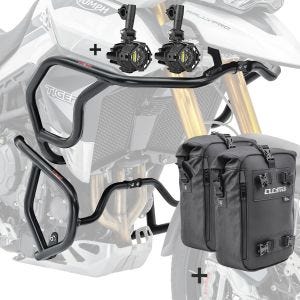 Set Motoguard Sturzbügel oben unten + Scheinwerfer passend für Triumph Tiger 900 20-23 + Taschen schwarz CB4