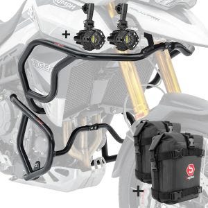 Set Motoguard Sturzbügel oben unten + Scheinwerfer passend für Triumph Tiger 900 20-23 + Taschen schwarz
