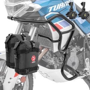 Set Pare carter + Phare Additionnel L2 compatible avec Aprilia Tuareg 660 22-24 noir + sacoches Motoguard