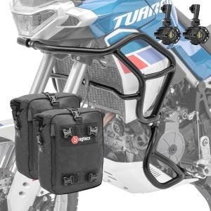 Set Pare carter + Phare Additionnel compatible avec Aprilia Tuareg 660 22-24 + Sacoche pour pare carter paire 2x10L Bagtecs CB4 noir Motoguard