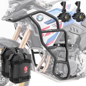 Set Sturzbügel + Zusatzscheinwerfer + Sturzbügeltasche passend für BMW F 900 GS 2024 Motoguard KT48 schwarz