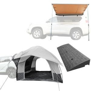 Tente de voiture arrière 1-2 personnes ME64 gris + Rampe de trottoir BR22 100cm + Auvent compatible avec voiture / SUV / tout terrain 1,40m x 2m Vanit AM13 beige