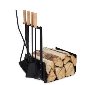 Kaminholzkorb mit Kaminbesteck 4-teilig Metall Divit  Kaminzubehör mit Schaufel, Aschebesen, Zange und Schürhaken ME100 schwarz