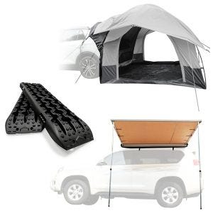 Sandbleche Berge Boards Anfahrhilfe offroad BB1 schwarz + Heckzelt Auto 1-2 Personen ME64 grau + Markise passend für Auto 1,40m x 2m Vanit AM13 beige