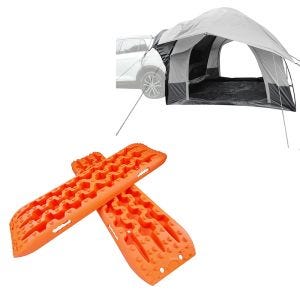 Heckzelt Auto 1-2 Personen ME64 grau + Anfahrhilfe Berge Boards Sandbleche offroad universal 1 Paar Vanit BB1 orange