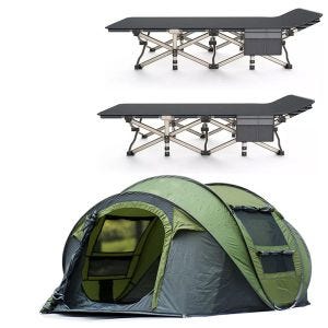 2x Feldbett Vanit FB26 Sonnenliege klappbar Campingliege schwarz + 4-5 Personen Zelt Vanit PZ3 Wurfzelt Pop-Up Zelt