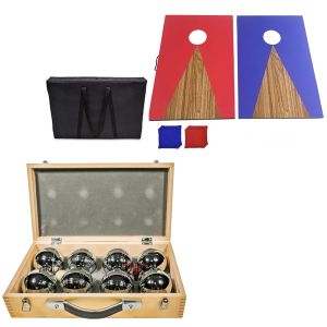 Boule Set Divit Holzkoffer 8 Boule Pétanque Kugeln inklusive Schweinchen Zielkugel RE65 + Outdoor Cornhole Set CS2 Sackloch-Spiel 90x60 cm 8 Spielsäcke und Tasche NEW