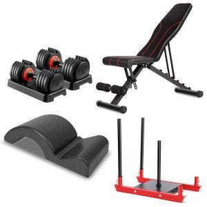Banc incliné multifonctionnel VS1 + Haltère réglable Ensemble d'haltères VH1 + Luge à poids GS1 + Pilates Wirbelsäulenkorrektor RE51 schwarz