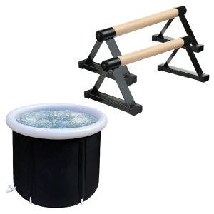 Bain de glace gonflable EB14 tonneau à glace en PVC portable 75 x 75 cm + Poignées en bois de gymnastique callisthénique en salle Divit IC1 Parallettes de gymnastique noir