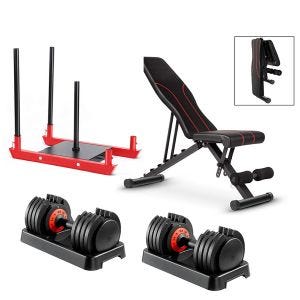 Banc incliné multifonctionnel VS1 Banc de musculation réglable + 2x Haltère réglable Ensemble d'haltères VH1 à plusieurs niveaux + Luge à poids Divit GS1 Sled Fitness Noir