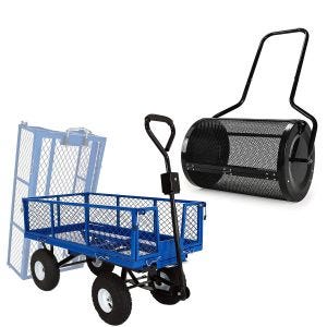Set épandeur de jardin 75L + chariot de jardin inclinable 180 kg Épandeur de compost Divit SW16 et chariot de transport