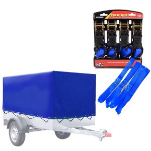 Jeu de bâche de remorque étanche avec sangle en caoutchouc + 4x sangles de tension avec cliquet et boucles d'arrimage Vanit PS2 bleu